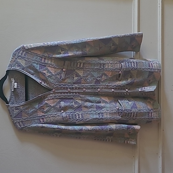 Vintage French Rags 80s Pastel Geometric Design Chenille Knit Cardigan, Sz M - Picture 1 of 6